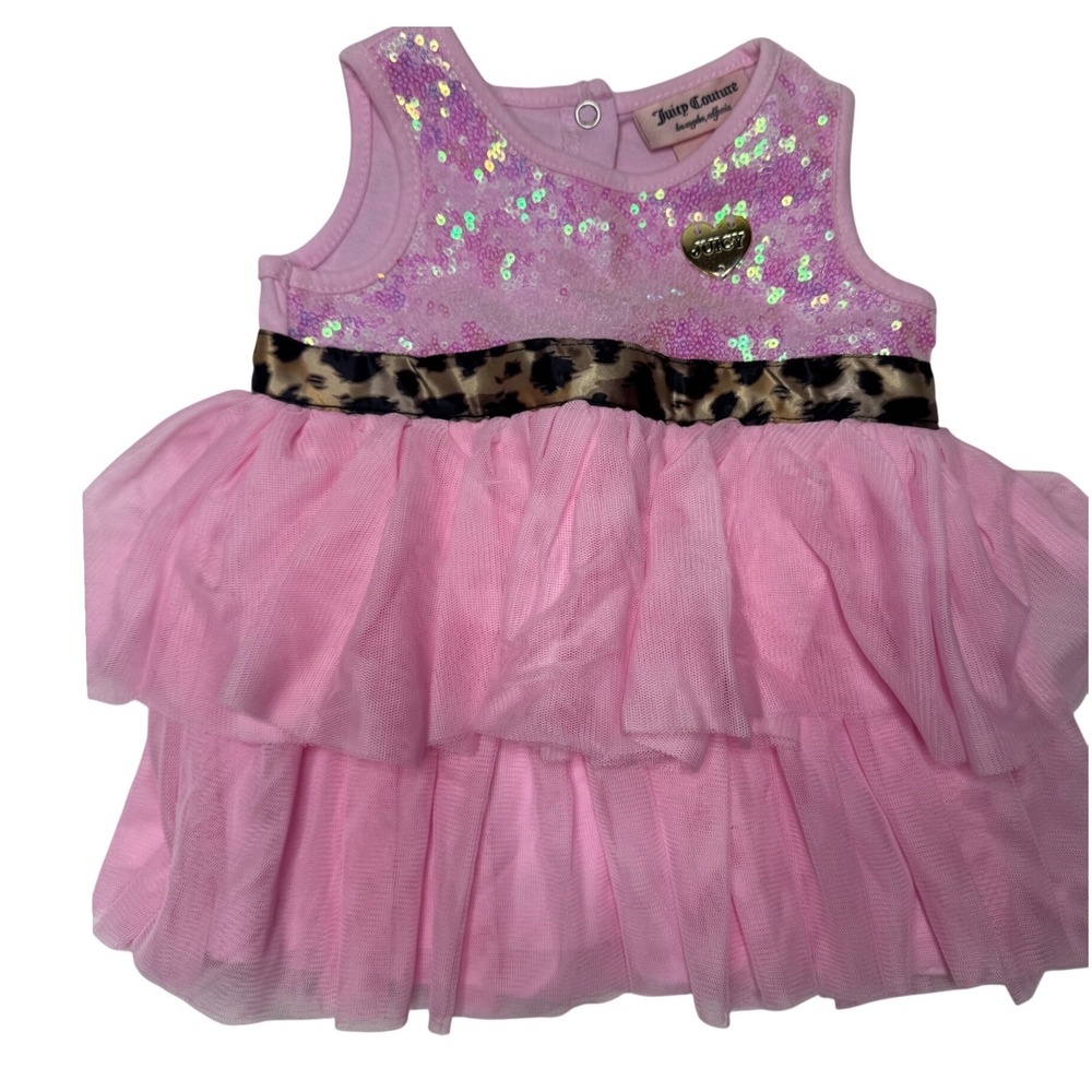 Juicy Couture Baby Girl Pink Sequin Tulle Dress Leopard Trim 6/9M NWT